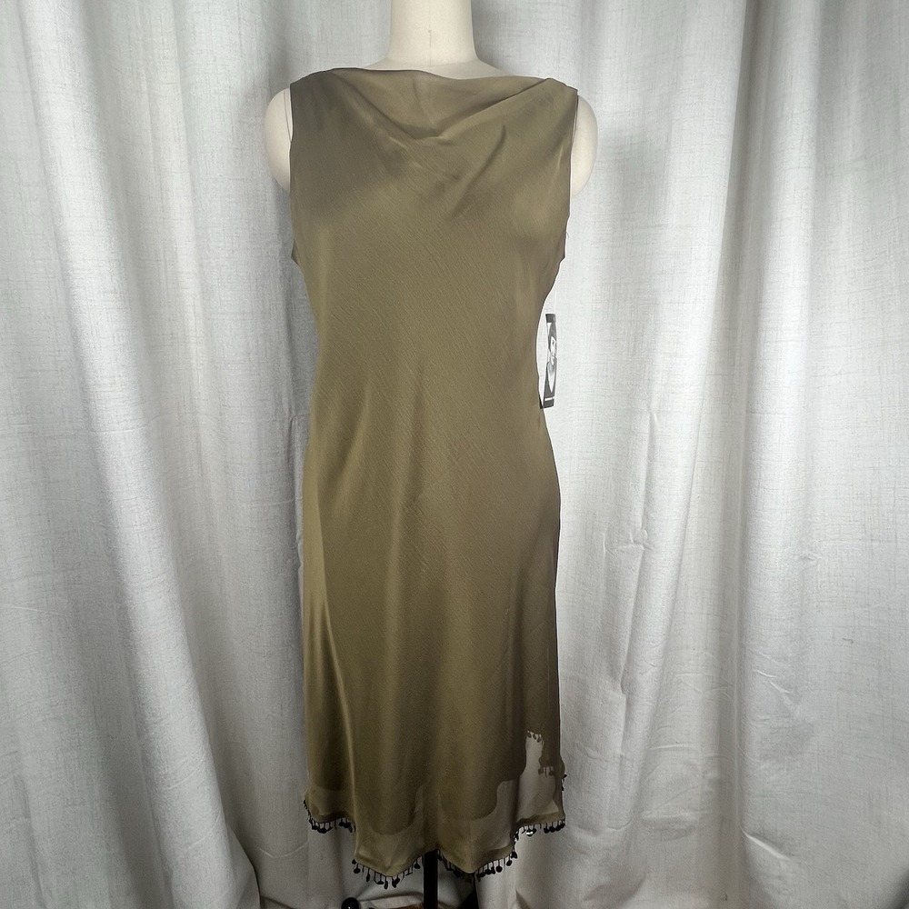 NEW! Vintage Y2K Donna Ricco Gold-Green Sleeveless Bias‎ Cut Dress Beaded Hem 14
